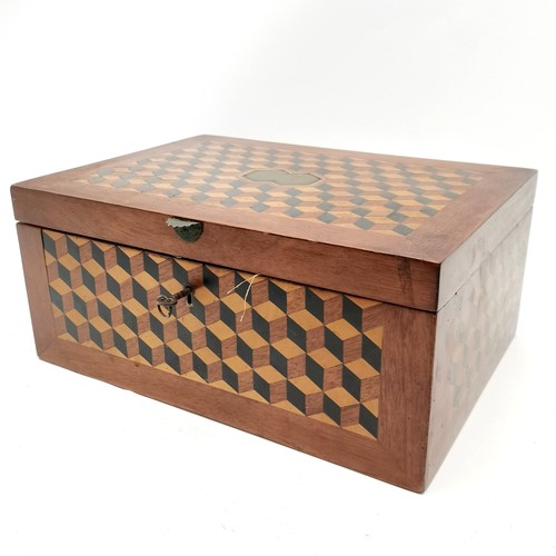 124 - Antique box with tumbling block parqetry detail with fitted interior - 33cm x 24cm x 14.5cm ~ no obv... 