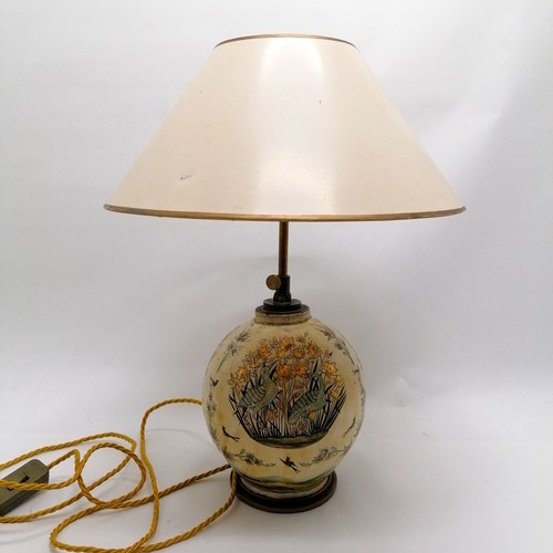 142 - Kashmiri lamp base decorated with birds with an adjustable height fitting and a cream shade on a bro... 
