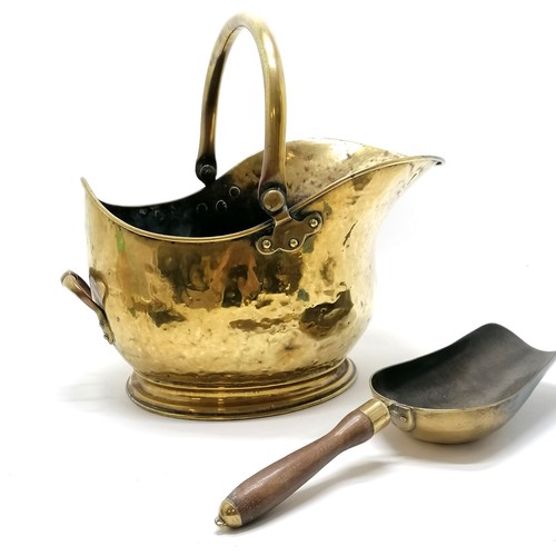 145 - Brass coal scuttle T/W brass and wooden handled coal shovel 43cm long