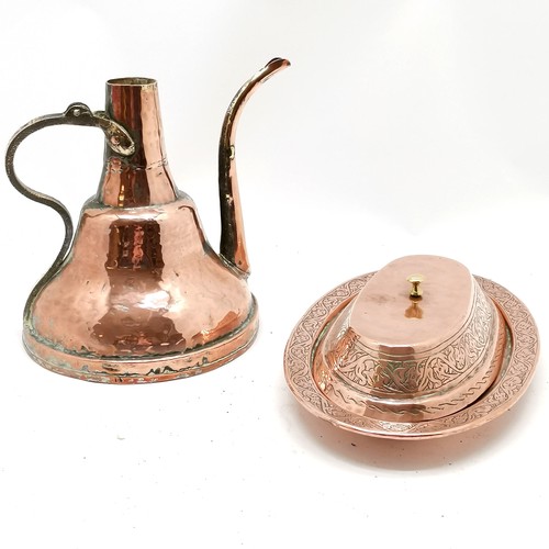 146 - Turkish copper water jug T/W a Turkish copper serving dish with etched decoration and stamped to the... 