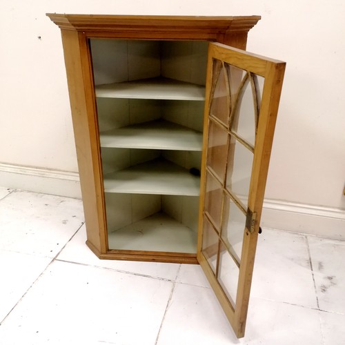 147 - Antique pine corner wall cupboard with painted green interior 110cm high x 80cm wide