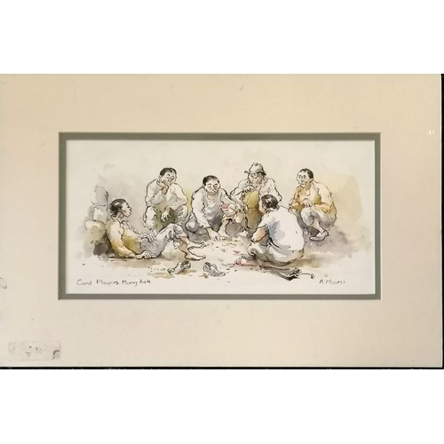176 - Anne Moorse original watercolour painting of card players, Mong Kok (Hong Kong) - mount 28cm x 42cm ... 