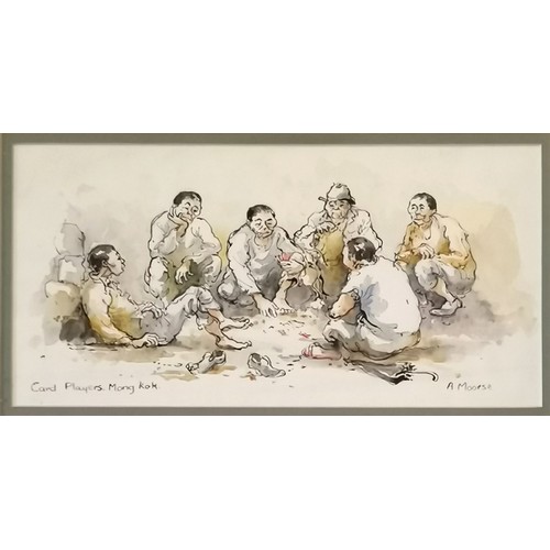 176 - Anne Moorse original watercolour painting of card players, Mong Kok (Hong Kong) - mount 28cm x 42cm ... 