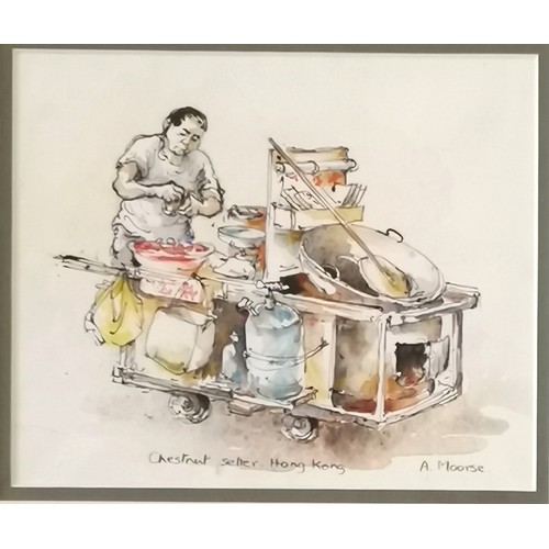 178 - Anne Moorse original watercolour painting of a chestnut seller in Hong Kong - mount 29cm x 32cm ~ SO... 