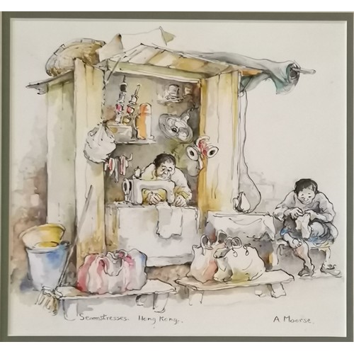 179 - Anne Moorse original watercolour painting of seamstresses in Hong Kong - mount 34cm x 34.5cm ~ SOLD ... 