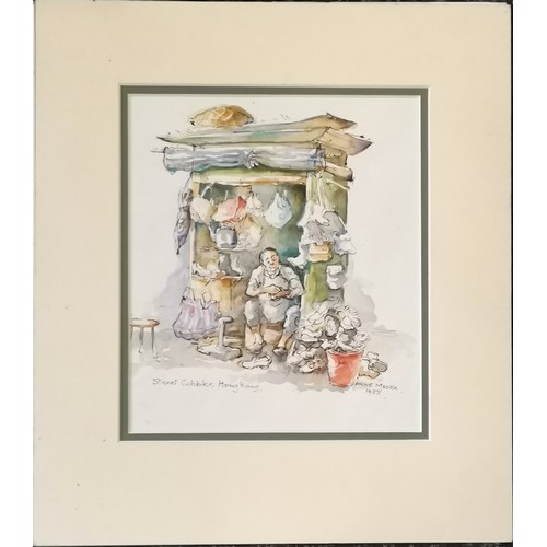 180 - Anne Moorse 1988 original watercolour painting of a street cobbler in Hong Kong - mount 36.5cm x 32.... 