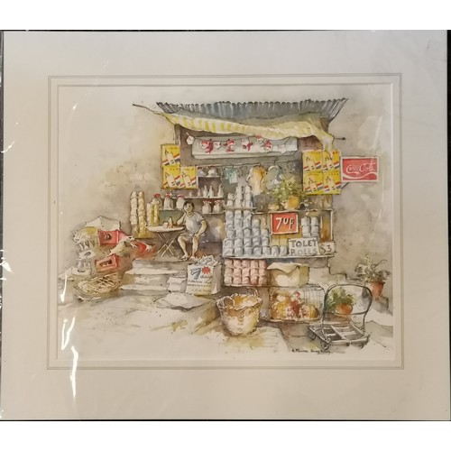 189 - Anne Moorse original watercolour painting of a market stall in Hong Kong - mount 36.5cm x 46cm ~ SOL... 