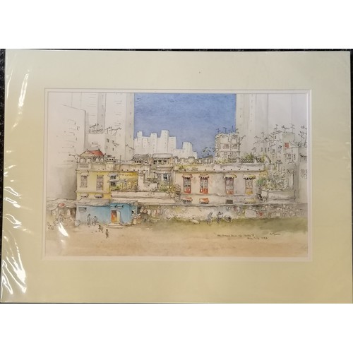 193 - Anne Moorse 1992 original watercolour painting of Old terrace house off Shelley St, Hong Kong - moun... 