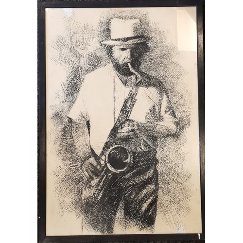 210 - Original artwork of a saxophonist - frame 125cm x 86.5cm ~ has some toning