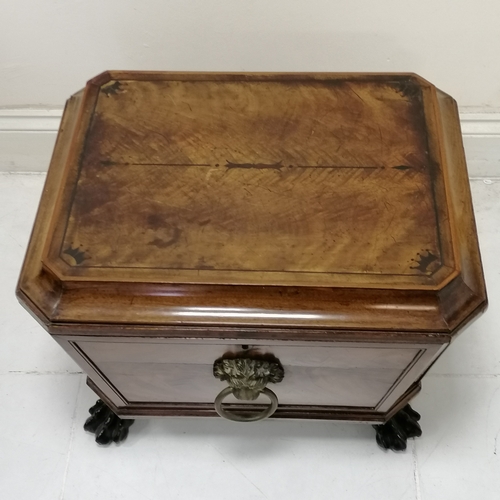 214 - Antique Regency Flame mahogany cellarette / wine cooler with carved lion hairy paw feet, brass lions... 