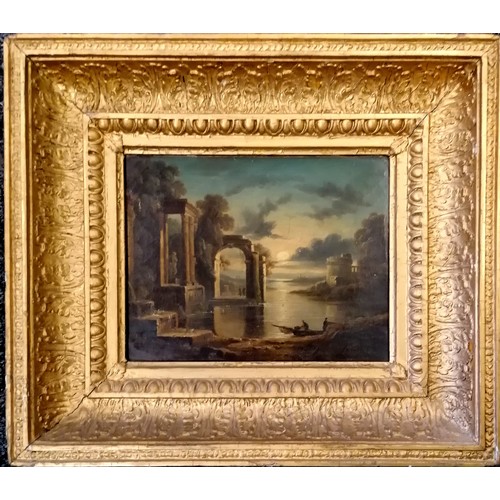 228 - Antique framed early 19thC oil on canvas in the manner of Claude Lorrain, a study of a moonlit scene... 