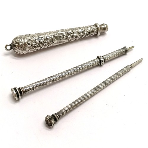 235 - 3 x antique silver propelling pencils - Sampson Mordan (8cm), W&R & embossed - total weight (3) 25g