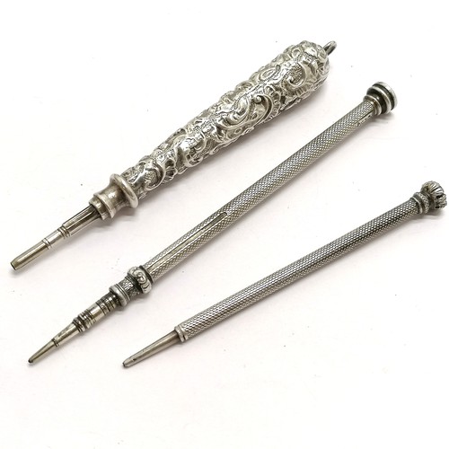 235 - 3 x antique silver propelling pencils - Sampson Mordan (8cm), W&R & embossed - total weight (3) 25g