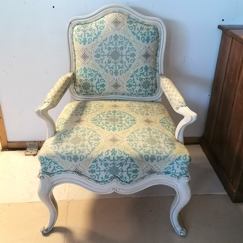 239 - Pair of French white painted open armchairs with blue and green upholstered seat and back- in good u... 