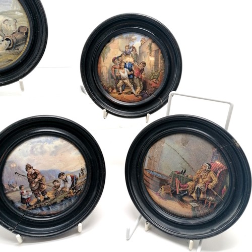 244 - 7 x pot lids in wooden frames inc Victor Emmanuel and Garibaldi, On guard, Peace etc - approx 14.5cm... 