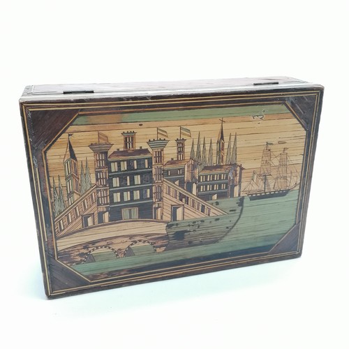 254 - Antique cut straw work sewing box with tall masted ship detail to lid & fitted interior - 21.5cm x 1... 