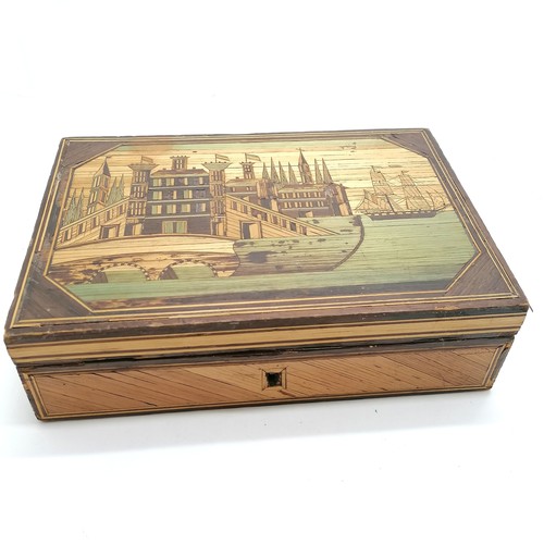 254 - Antique cut straw work sewing box with tall masted ship detail to lid & fitted interior - 21.5cm x 1... 