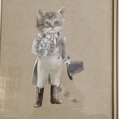 294 - Susan L Herbert (1945-2014) 1976 original painting of a dressed cat / Puss in boots - frame 24.5cm x... 