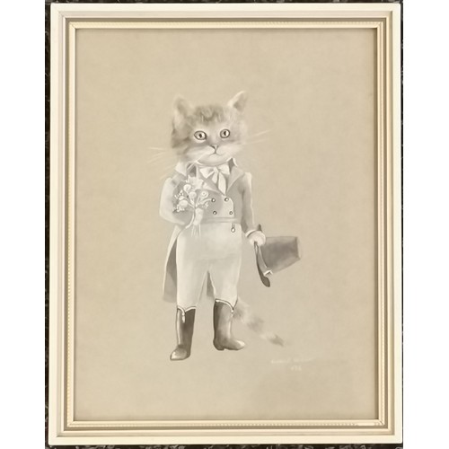 294 - Susan L Herbert (1945-2014) 1976 original painting of a dressed cat / Puss in boots - frame 24.5cm x... 