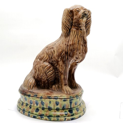 2 - Large Scottish pottery dog / spaniel treacle glaze figure on a spongeware decorated base 44cm high -... 