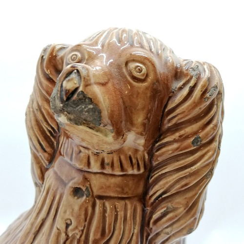 2 - Large Scottish pottery dog / spaniel treacle glaze figure on a spongeware decorated base 44cm high -... 