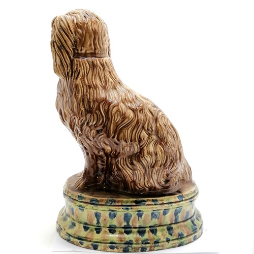 2 - Large Scottish pottery dog / spaniel treacle glaze figure on a spongeware decorated base 44cm high -... 