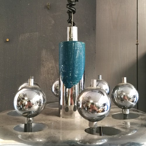 6 - Mid Century chrome sputnik ceiling light 90cm drop x 40cm diameter - has some old blue paint and the... 