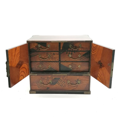 38 - Oriental table cabinet with parquetry detail set with 6 drawers to interior and 1 long drawer to bas... 