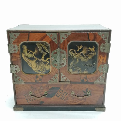 38 - Oriental table cabinet with parquetry detail set with 6 drawers to interior and 1 long drawer to bas... 