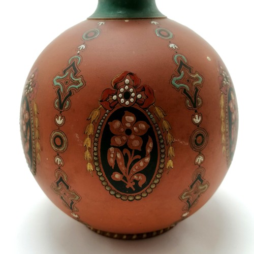 87 - Watcombe Pottery globe vase & cover with enamelled painted detail 29cm high (hairline to neck and ch... 