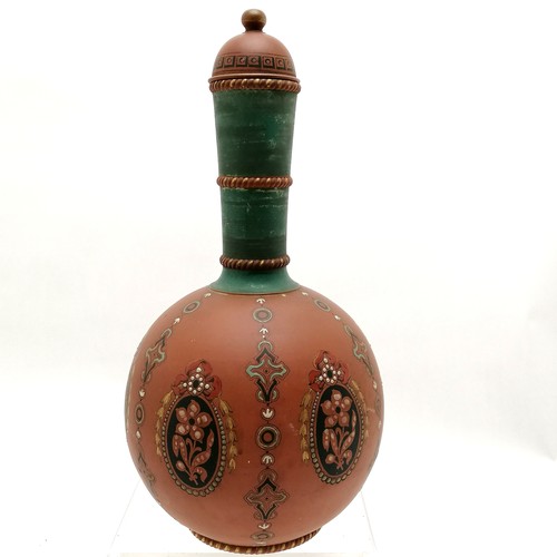 87 - Watcombe Pottery globe vase & cover with enamelled painted detail 29cm high (hairline to neck and ch... 