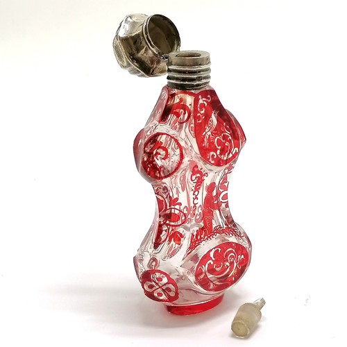 90 - Antique deep cut glass scent bottle with red oriental detail of man & a bird & continental silver ma... 