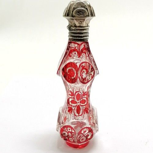 90 - Antique deep cut glass scent bottle with red oriental detail of man & a bird & continental silver ma... 