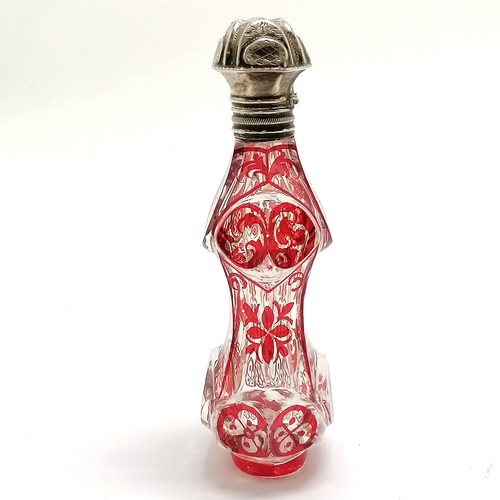 90 - Antique deep cut glass scent bottle with red oriental detail of man & a bird & continental silver ma... 