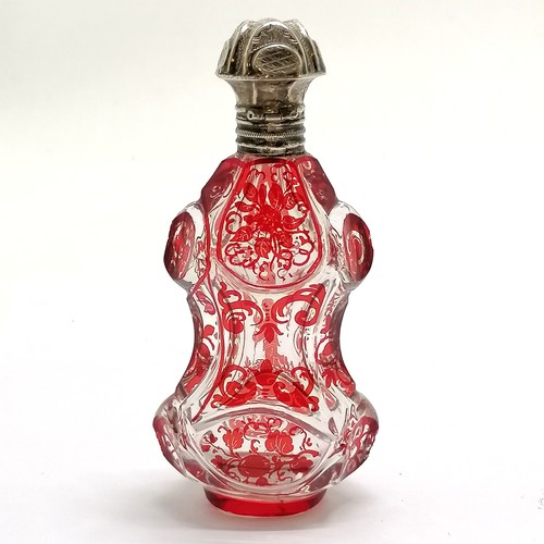 90 - Antique deep cut glass scent bottle with red oriental detail of man & a bird & continental silver ma... 