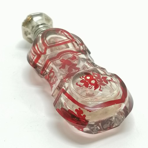 91 - Antique glass scent bottle with red oriental detail of a man carrying a cooking pot & a continental ... 