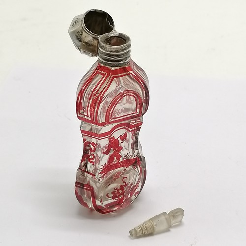 91 - Antique glass scent bottle with red oriental detail of a man carrying a cooking pot & a continental ... 