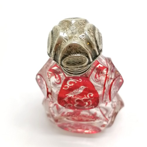 91 - Antique glass scent bottle with red oriental detail of a man carrying a cooking pot & a continental ... 