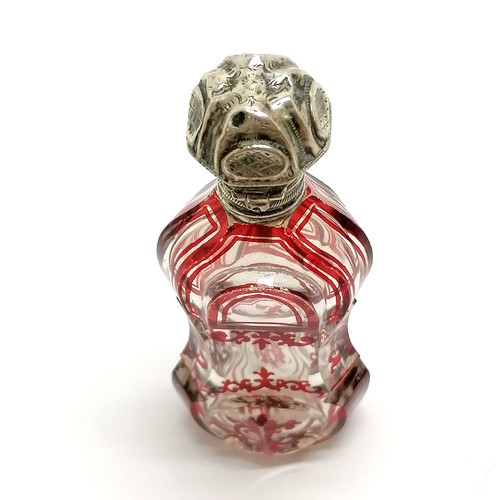 91 - Antique glass scent bottle with red oriental detail of a man carrying a cooking pot & a continental ... 