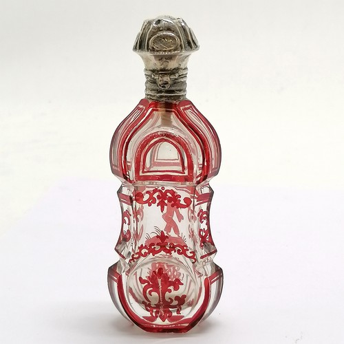 91 - Antique glass scent bottle with red oriental detail of a man carrying a cooking pot & a continental ... 