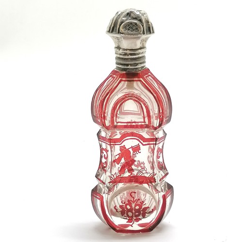 91 - Antique glass scent bottle with red oriental detail of a man carrying a cooking pot & a continental ... 