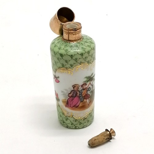 94 - Antique 14ct marked gold (oak leaf Netherlands mark) scent bottle with porcelain body depicting roma... 