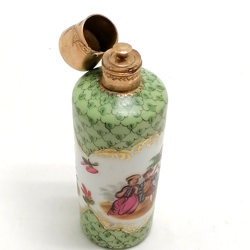 94 - Antique 14ct marked gold (oak leaf Netherlands mark) scent bottle with porcelain body depicting roma... 