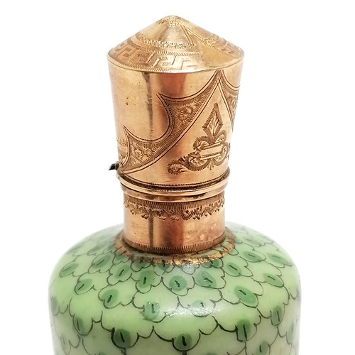 94 - Antique 14ct marked gold (oak leaf Netherlands mark) scent bottle with porcelain body depicting roma... 