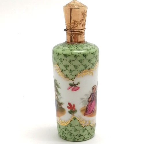 94 - Antique 14ct marked gold (oak leaf Netherlands mark) scent bottle with porcelain body depicting roma... 