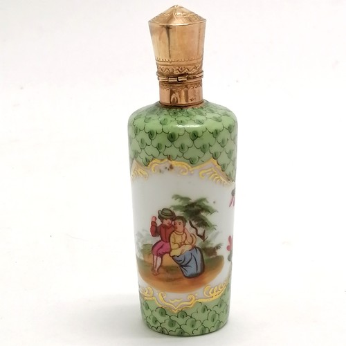 94 - Antique 14ct marked gold (oak leaf Netherlands mark) scent bottle with porcelain body depicting roma... 