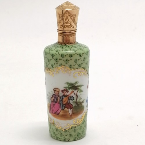 94 - Antique 14ct marked gold (oak leaf Netherlands mark) scent bottle with porcelain body depicting roma... 