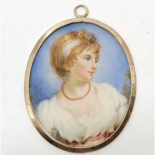 95 - Regency portrait miniature of a woman with a necklace in an unmarked 9ct gold frame 9cm x 6.5cm