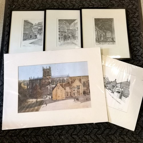 104 - 4 x Sherborne prints - 3 of Sherborne school by E Margaret Holman (framed) & ltd ed (350) signed by ... 