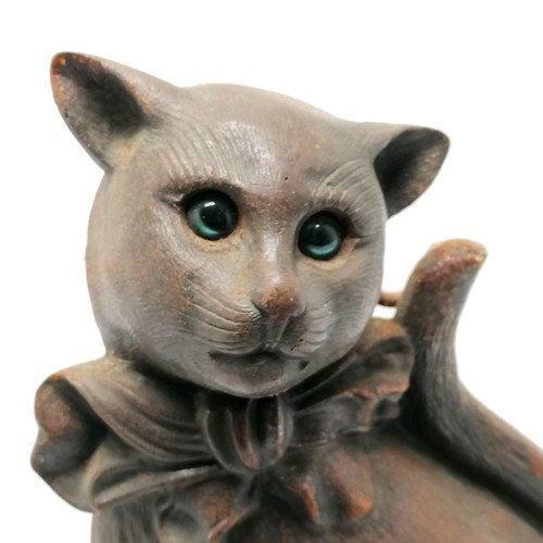 106 - Nestor cast iron cat fireside stand reg 767012 with glass eyes ~ 38cm tall & lacks tools